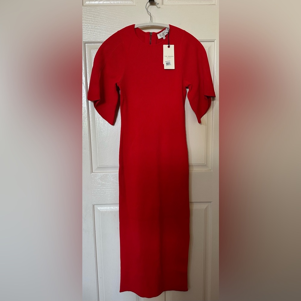 New Ted Baker RAELEA
RIB ENGINEERED BODYCON MIDI DRESS,red, Christmas,size:1